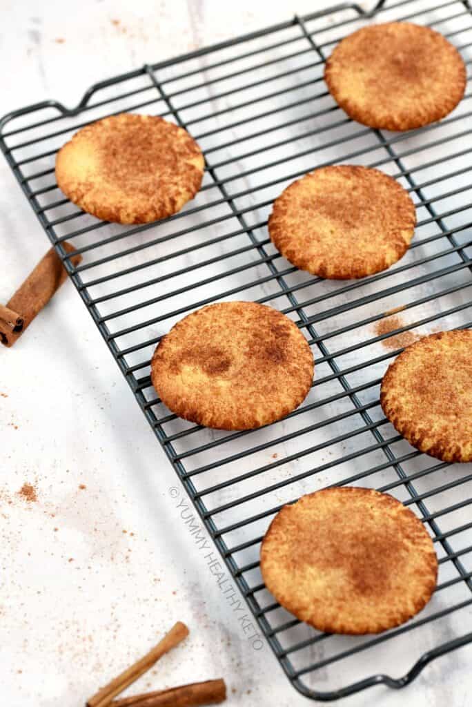 Keto Snickerdoodle Cookies on a wire cooling rack